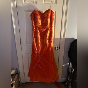 Orange fluorescent prom dress with floral beading